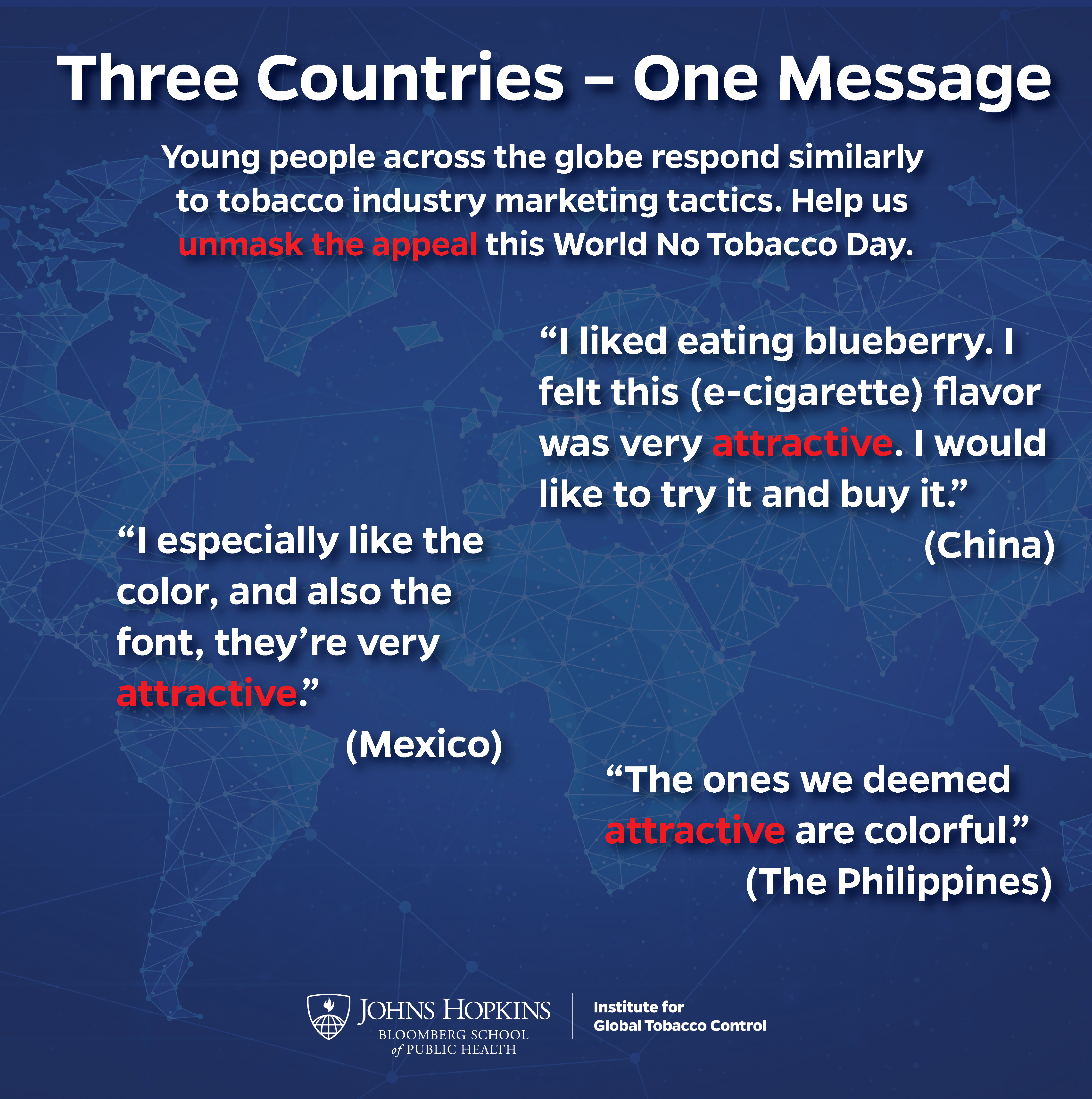 Infographic reads “Three Countries – One Message” and provides quotes from young focus group participants in China, Mexico, and the Philippines, commenting on what makes them find tobacco and nicotine products attractive.