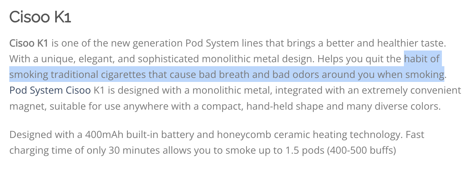 Section of product description on website describing social normalization messaging with the following text highlighted: "habit of smoking traditional cigarettes that cause bad breath and bad odors around you when smoking."