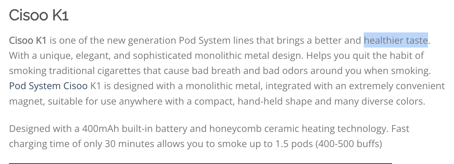 Section of product description on website describing lower health risks with the following text highlighted: "healthier taste."