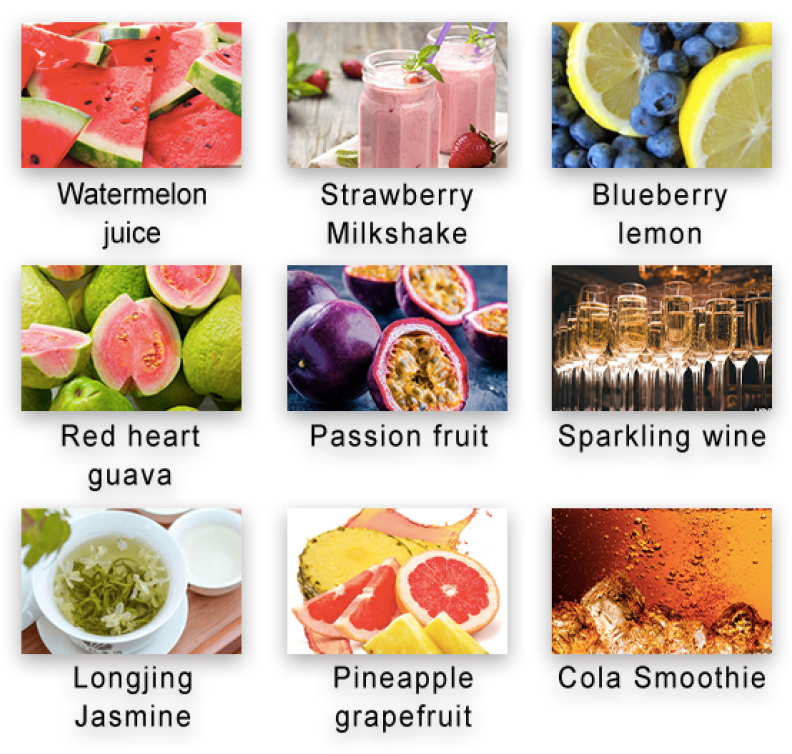 Nine small photographs with supporting text captions listing the following flavors: "Watermelon juice," "Strawberry milkshake," "Blueberry lemon," "Red heart guava," "Passion fruit," "Sparkling wine," "Longjing Jasmine," "Pineapple grapefruit," and "Cola smoothie"