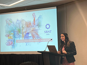 Lara Atella speaks during her presentation at the SRNT Annual Meeting.