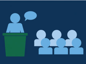 graphic of a speaker in front of an audience