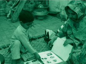 Child and woman looking at cigarette pack images