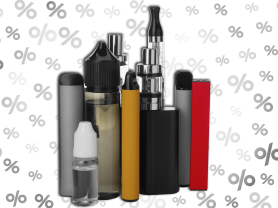 Assorted e-cigarette devices positioned in the foreground against a collage of percentage signs in the background