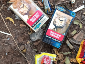 Assorted tobacco product litter with visible brand names and logos is strewn across the ground atop dirt twigs and leaves in a natural environment in India