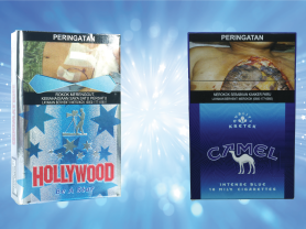 Indonesian cigarette packs on a blue starburst background