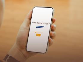 A handheld smartphone displays a survey question asking "How many times?" followed by an illustration of an e-cigarette