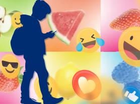 Silhouette of a young person scrolling social media on their phone, surrounded by emoticons, hearts, "like" icons, and images of fruit flavors in the background