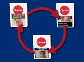 Three white cigarette packs with different graphic warning labels and red arrows pointing to their placement within a rotation