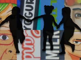 Silhouette of young people playing joyfully, with closeups of e-cigarette product packaging in the background