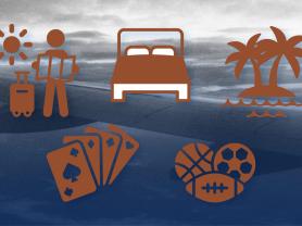 Blurry airplane wing in a cloudy blue sky with icons for tourism, casinos, sports and lodging in the foreground