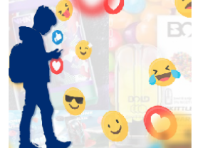 A silhouette of a youth on top of images of e-cigarette products and emojis