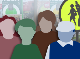 Abstract illustrations of children stand in the foreground with a warning sign behind them showing an anthropomorphic e-cigarette walking arm and arm with a child. Photos of e-cigarette packs beckon in the background. 