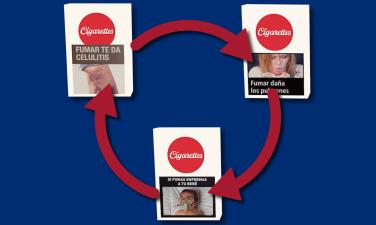 Three white cigarette packs with different graphic warning labels and red arrows pointing to their placement within a rotation