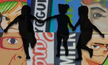 Silhouette of young people playing joyfully, with closeups of e-cigarette product packaging in the background
