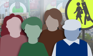 Abstract illustrations of children stand in the foreground with a warning sign behind them showing an anthropomorphic e-cigarette walking arm and arm with a child. Photos of e-cigarette packs beckon in the background. 
