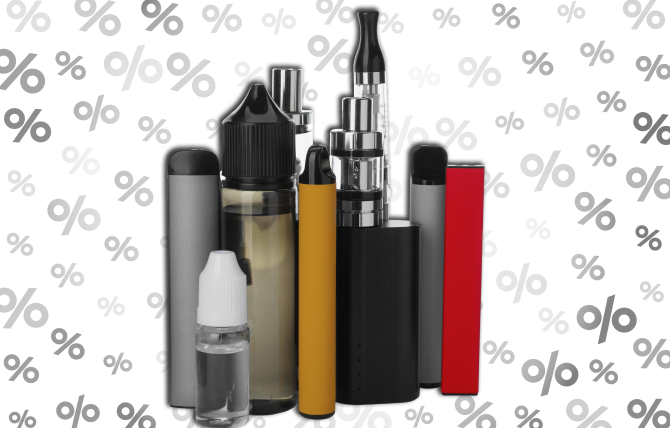 Assorted e-cigarette devices positioned in the foreground against a collage of percentage signs in the background