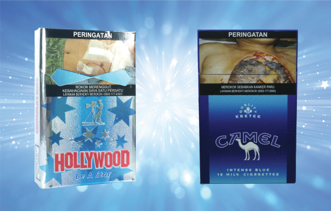 Indonesian cigarette packs on a blue starburst background