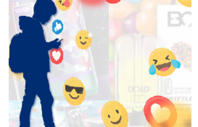 A silhouette of a youth on top of images of e-cigarette products and emojis