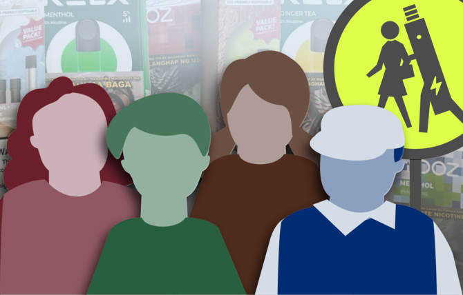 Abstract illustrations of children stand in the foreground with a warning sign behind them showing an anthropomorphic e-cigarette walking arm and arm with a child. Photos of e-cigarette packs beckon in the background. 